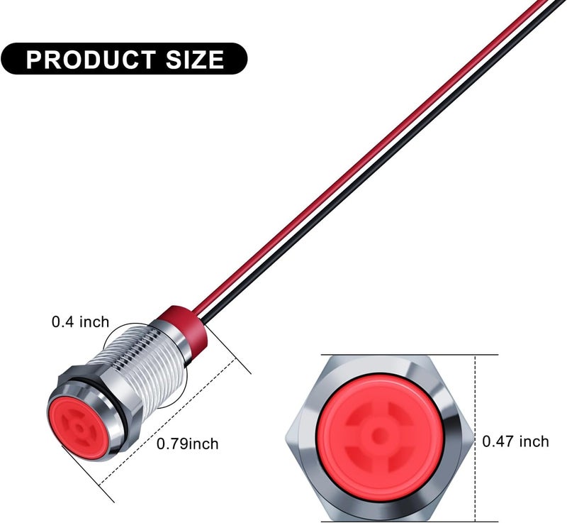FICOLPO 10 قطع ضوء مؤشر معدني LED مقاوم للماء، 12-24 فولت 2/5'' ثقب تركيب موصل مسبقًا لإشارة الطيار للسيارات والشاحنات والقوارب والبحرية ولوحة العدادات والكهرباء الصناعية (أحمر، 10 مم) - Image 3